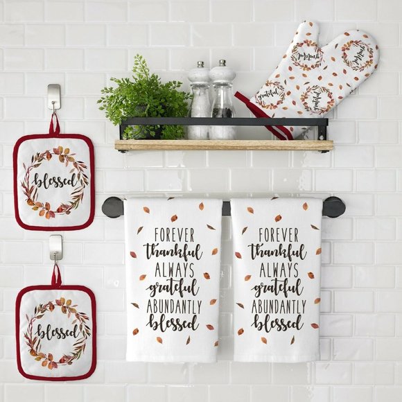 Blessed Wreath Always Grateful Kitchen Towels Set Potholder Oven Mitt 5-Piece - Picture 2 of 6